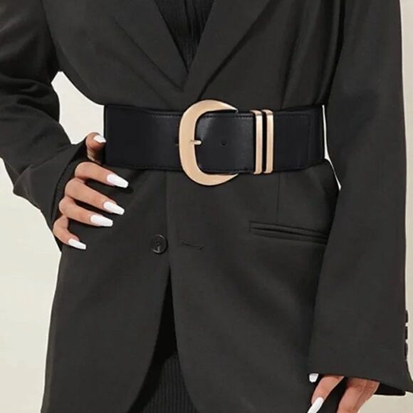 Women Wide Elastic Waist Belt for Dresses Fashion Gold Buckle Stretchy Leather - Picture 2 of 7